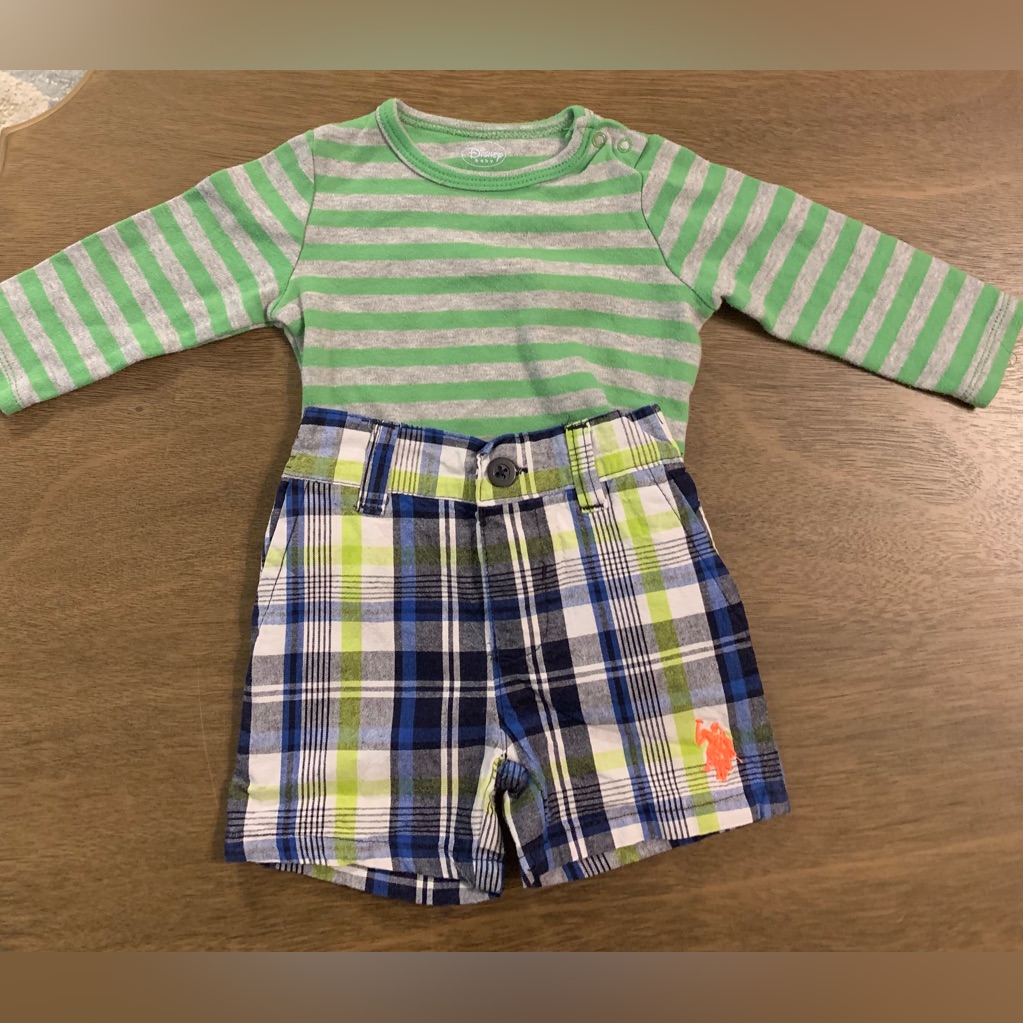 Us Polo Shorts And Disney Striped Green And Plaid Blue Baby Outfit 3-6 Months